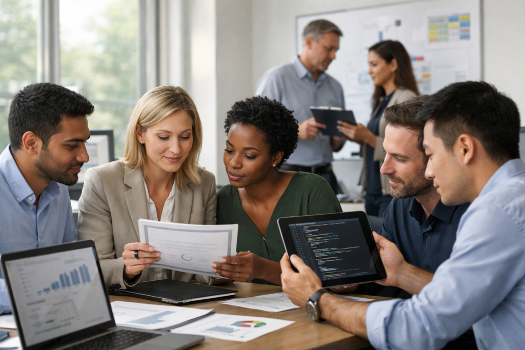 Üzleti szakemberek hard skillek értékelésén modern irodában.
