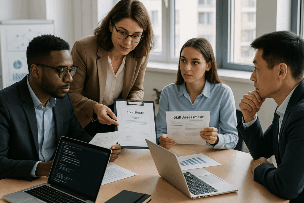 Üzleti szakemberek hard skillek értékelésén modern irodában.