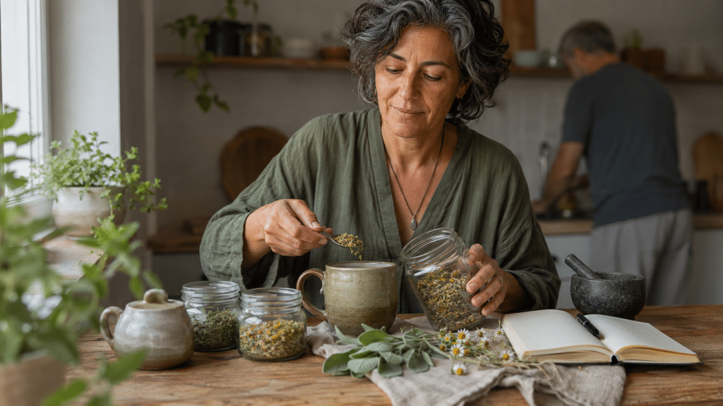 Nő gyógynövényteát készít menopauza támogatásához