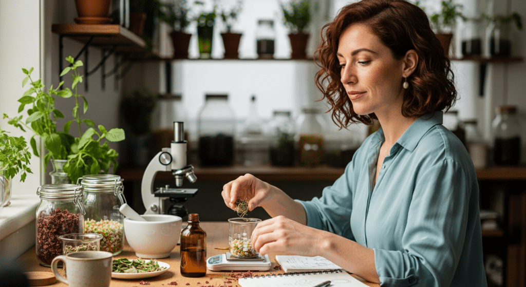 Női gyógynövénykutató mérlegeli pásztortáska, málnalevél és kamilla — flavonoidok