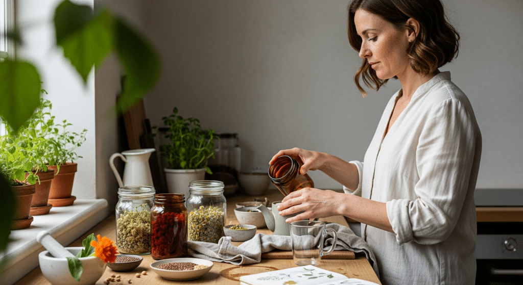 női hormonrendszer támogatására gyógynövényteát készítő nő konyhában