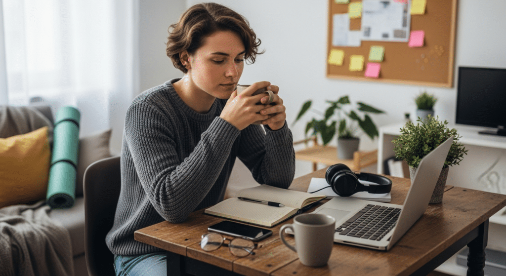 stresszkezelés fiataloknak: 22 éves diák nyugodt, elmélkedő portréja