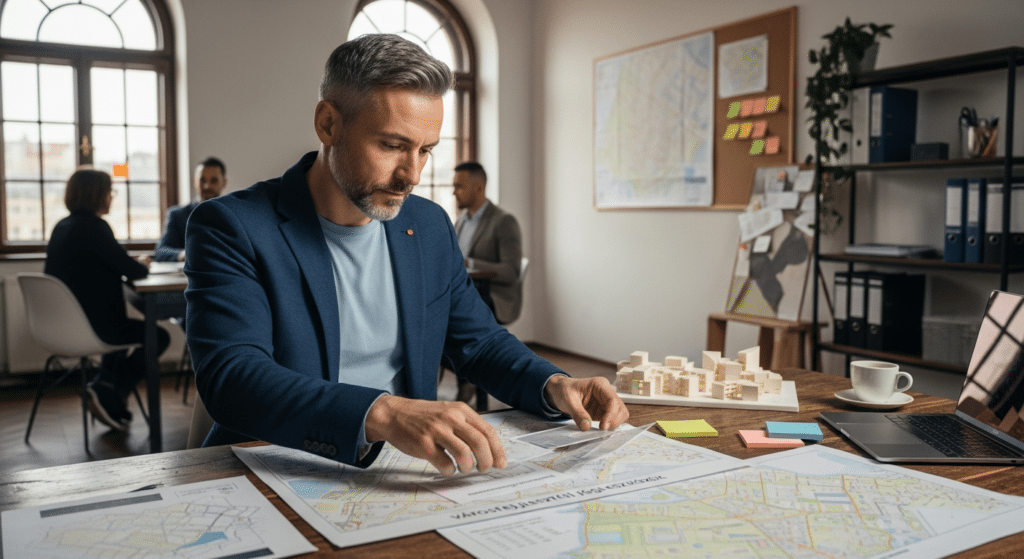 városfejlesztési jogi eszközök bemutatása: várostervező térképeket és modellt tanulmányoz