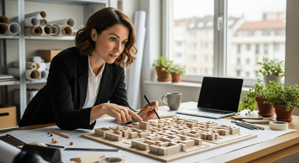 városfejlesztési koncepciók tervező nő Eixample-modellt vizsgál az asztalon