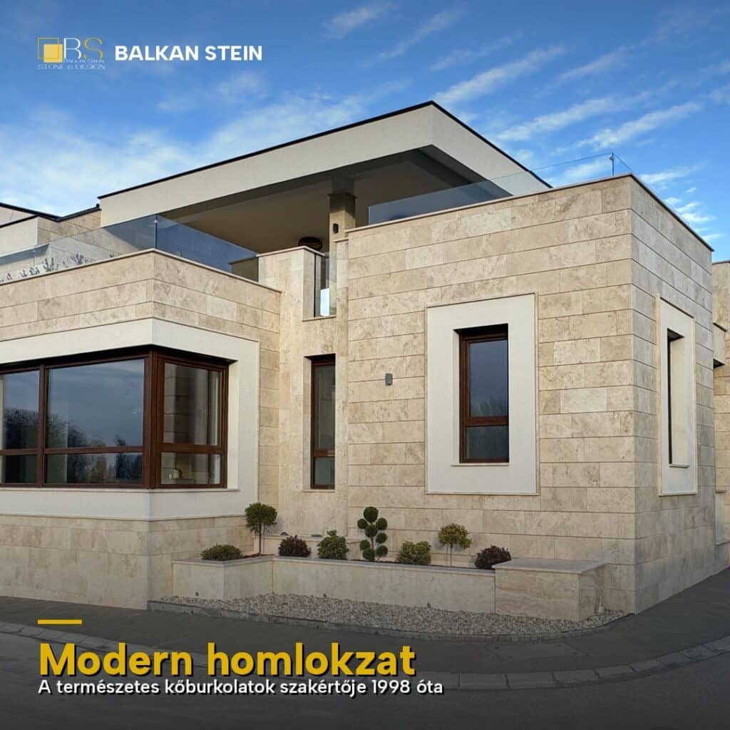 Travertin burkolat, modern homlokzat